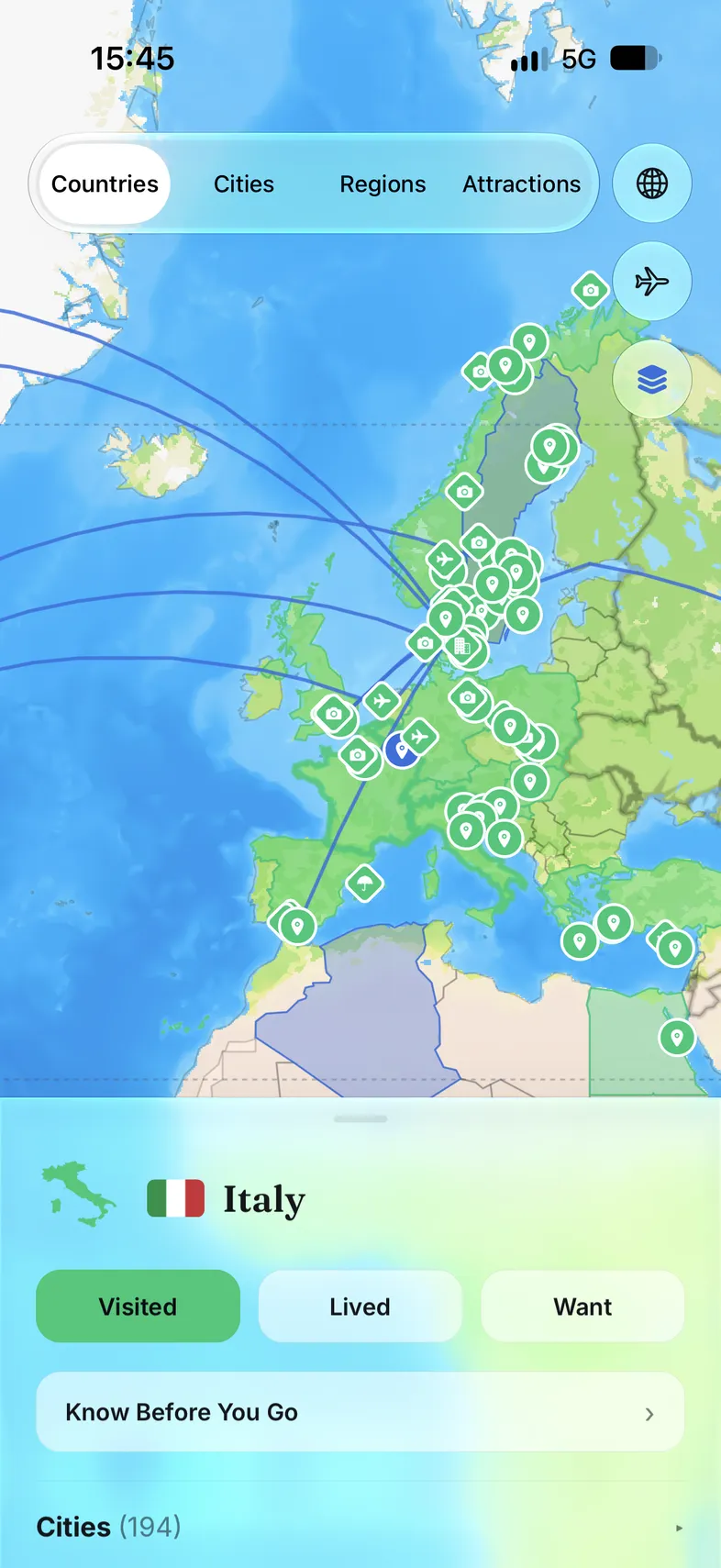 The Atlas map with visited countries highlighted